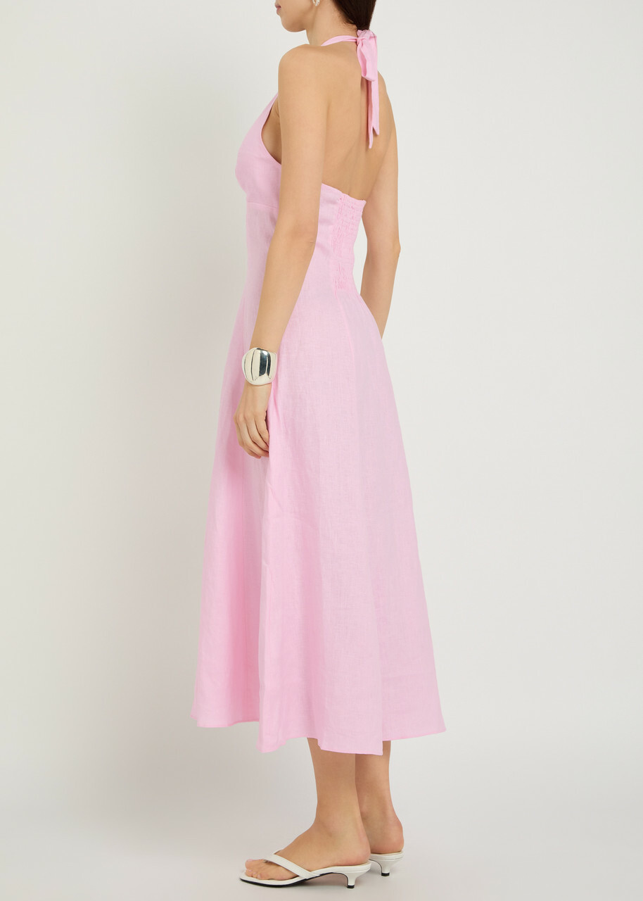 Faithfull The Brand Marais Halterneck Linen Midi Dress Pink