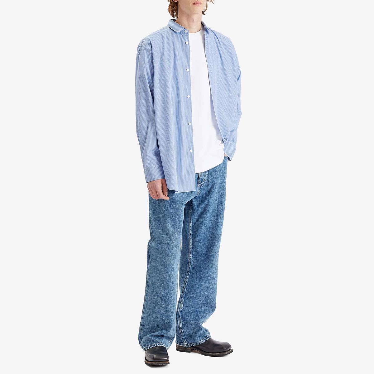 Róhe Men's Stripe Long Sleeve Shirt in Light Blue/White