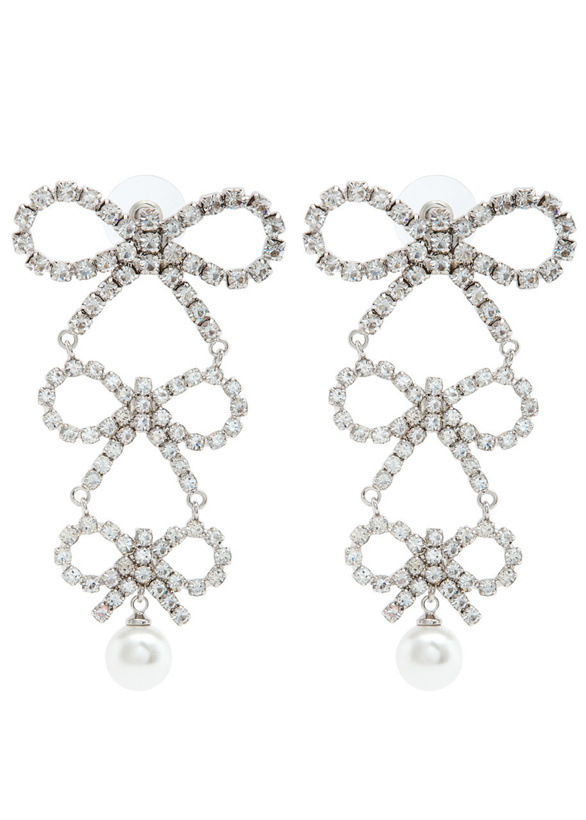 Photo: Self-portrait Bow Crystal-embellished Silver-plated Drop Earrings - One Size