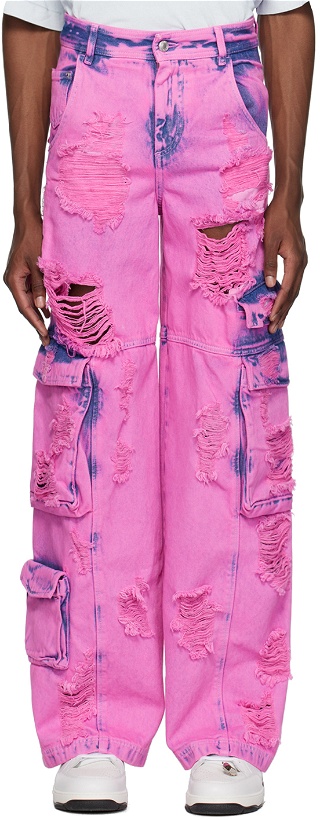 Photo: GCDS Pink Bleached Denim Cargo Pants