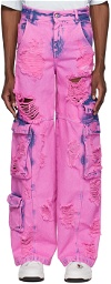 GCDS Pink Bleached Denim Cargo Pants