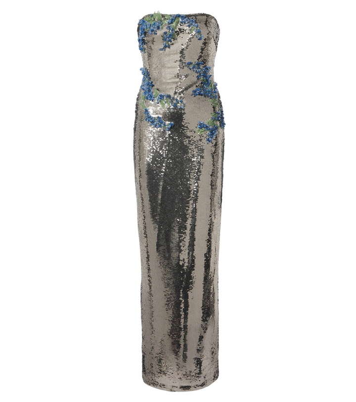 Photo: Monique Lhuillier Floral-appliqué sequined bustier gown