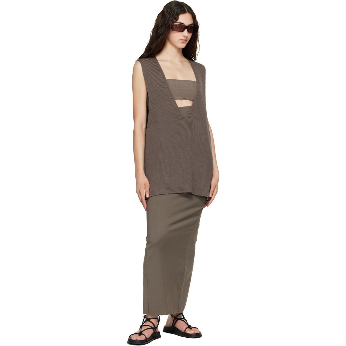 Rick Owens Gray Tower Wool Knit V Neck Vest