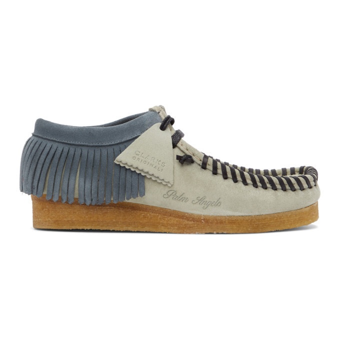 Photo: Palm Angels Grey and Black Clarks Originals Edition Fringed Wallabee Moccasins