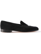 George Cleverley - Albert Leather-Trimmed Embroidered Velvet Loafers - Black
