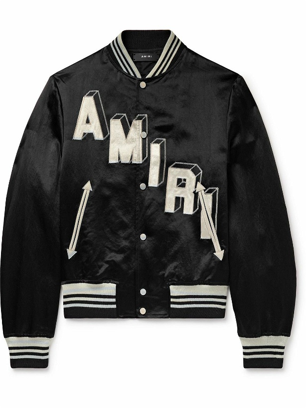 Photo: AMIRI - Logo-Embroidered Appliquéd Satin-Twill Bomber Jacket - Black