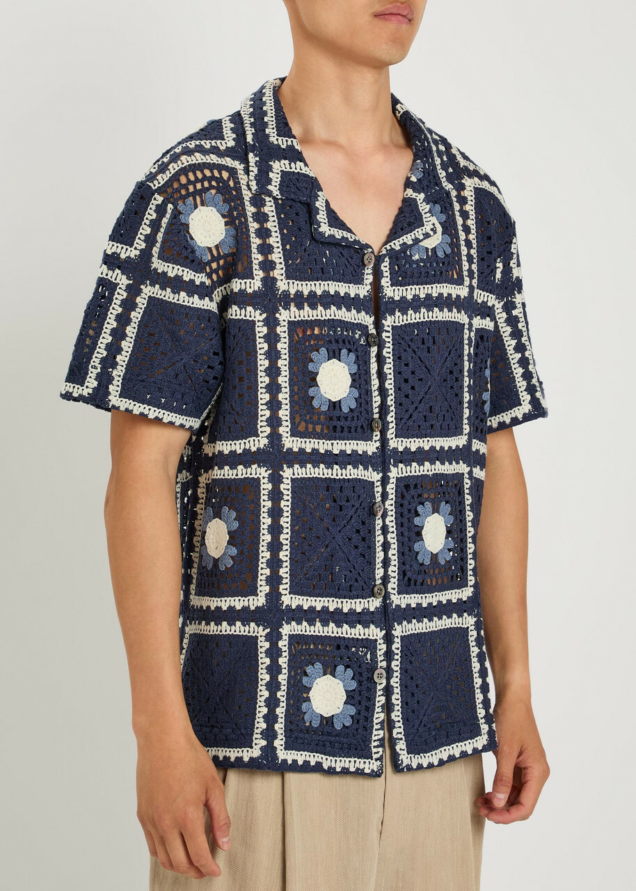Che Tejer Patchwork Crochet Open-knit Shirt Navy