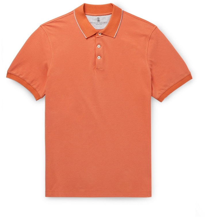 Photo: Brunello Cucinelli - Contrast-Tipped Cotton-Piqué Polo Shirt - Orange