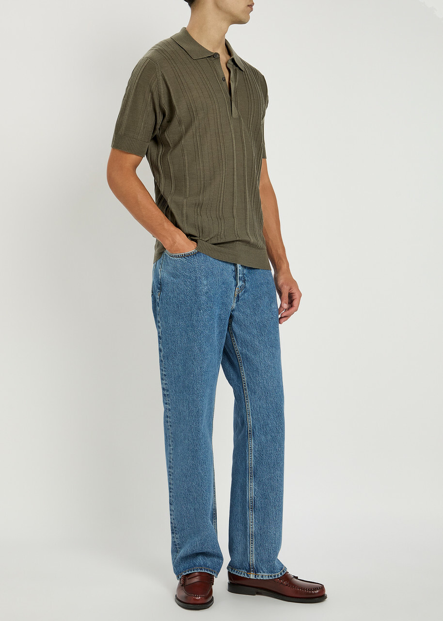 John Smedley Jaxen Ribbed Wool Polo Shirt Khaki John Smedley
