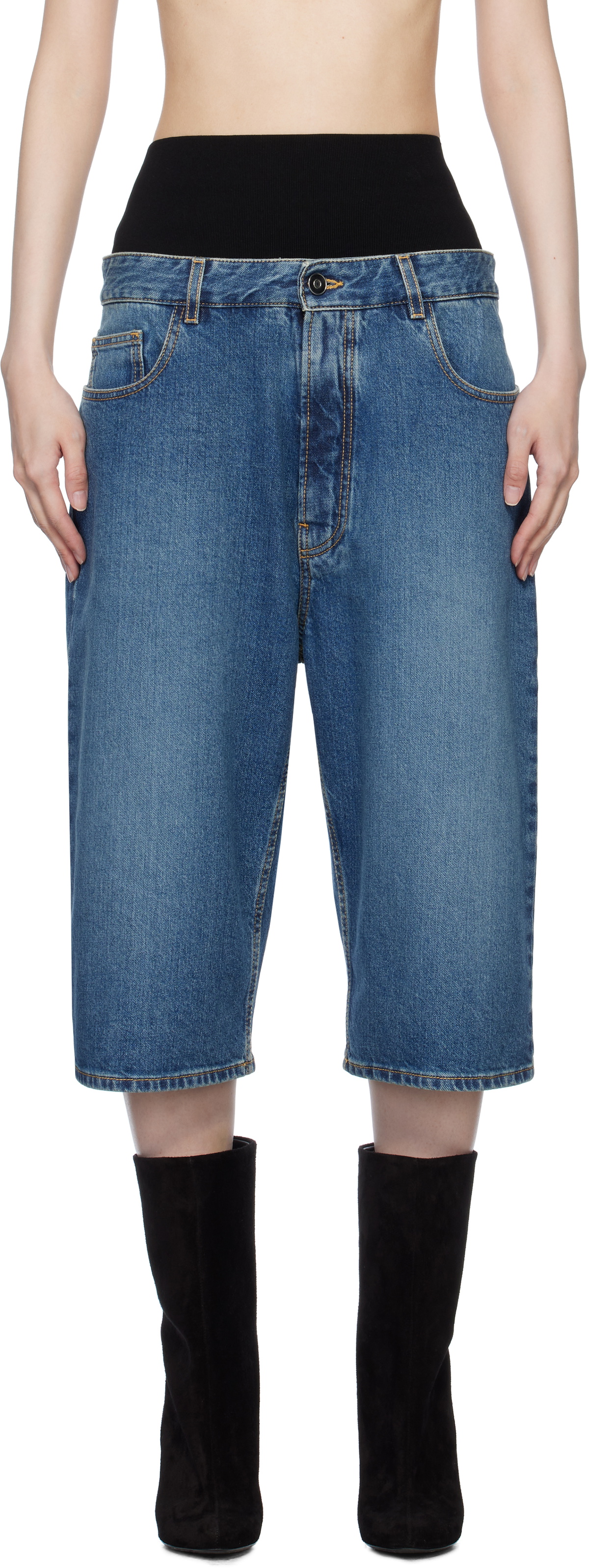 ショートパンツ ALAIA Denim bermuda shorts with ribbed band Blu Alaïa Denim Bermuda Shorts With Ribbed Band In Blue | ModeSens