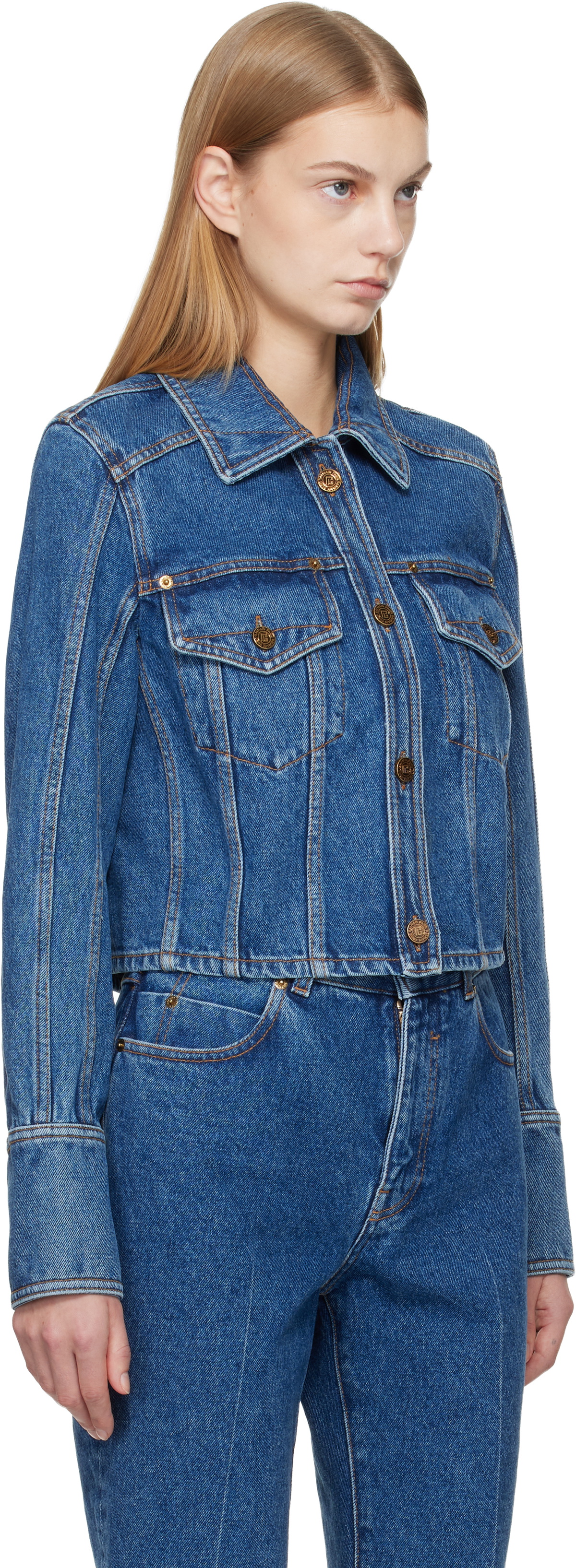 Balmain Blue Cropped Faded Denim Jacket