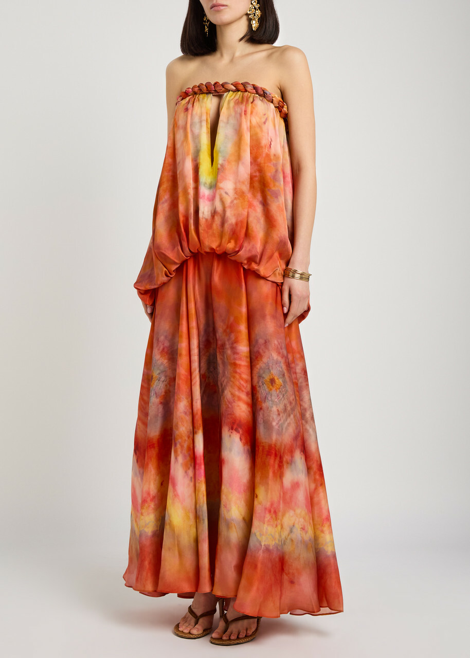 Zimmermann Luna Printed Strapless Silk Gown Red
