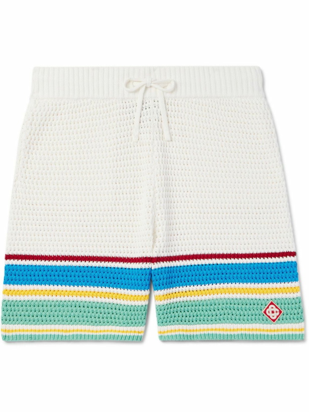 Photo: Casablanca - Straight-Leg Logo-Appliquéd Striped Crocheted Cotton Drawstring Shorts - White