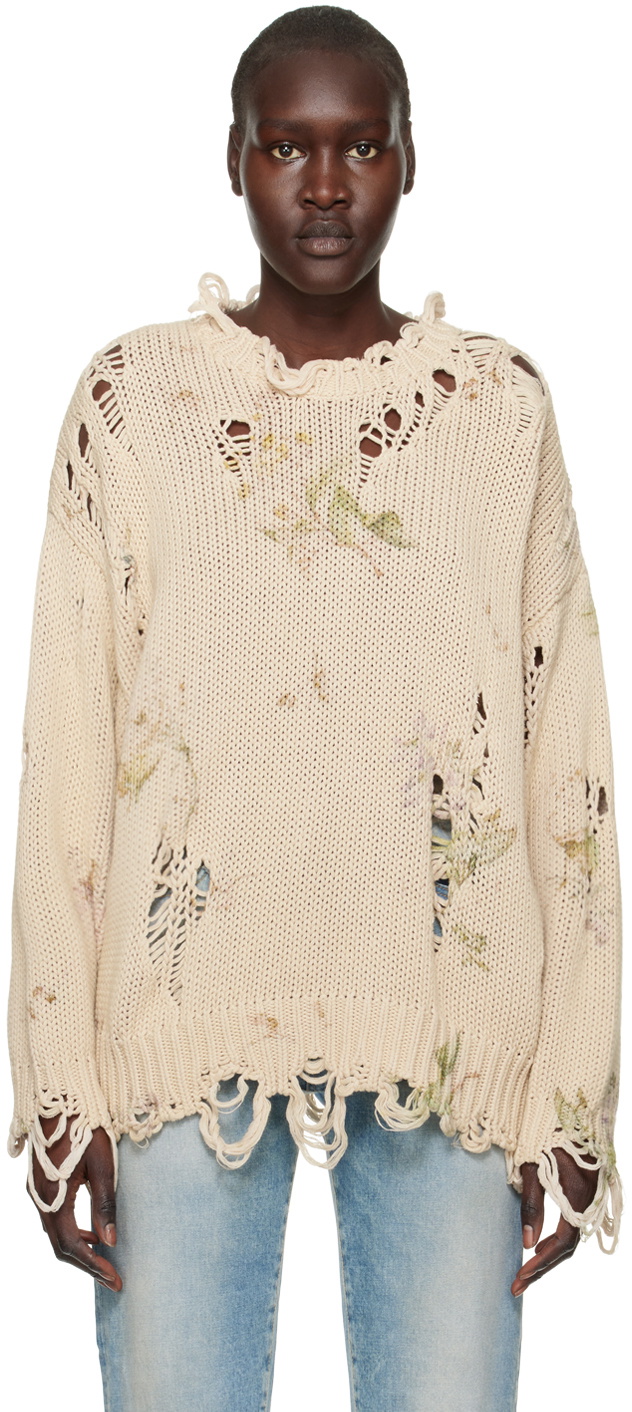 R13 Beige Floral Distressed Sweater R13