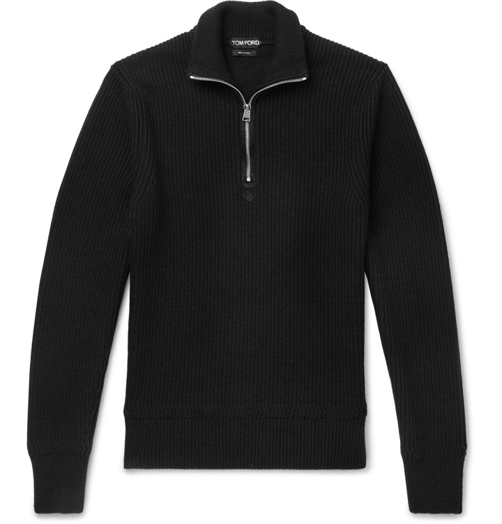 Photo: TOM FORD - Ribbed Wool and Cashmere-Blend Half-Zip Sweater - Black
