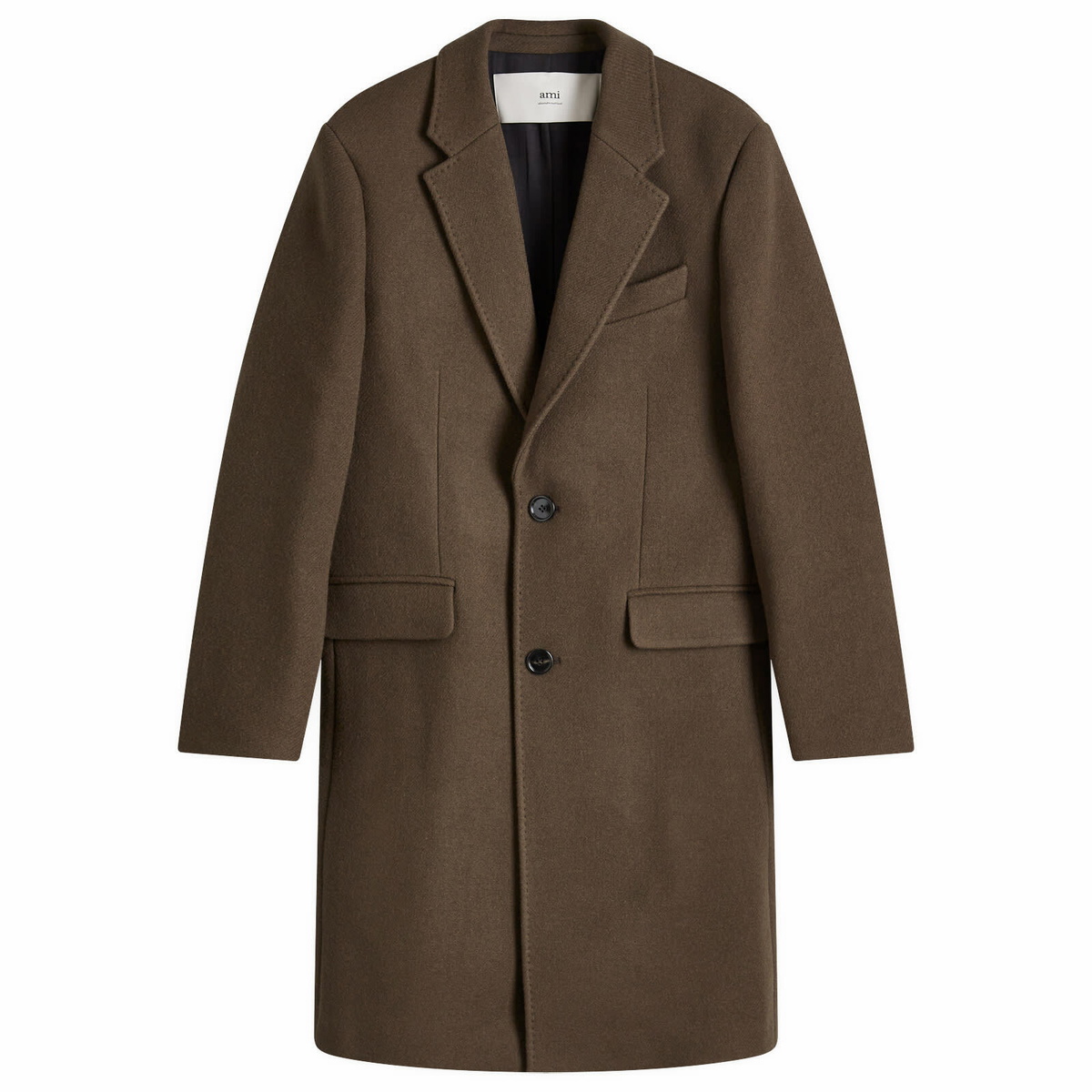 AMI Paris Men's Two Button Herringbone Wool Overcoat in Dark Coffee