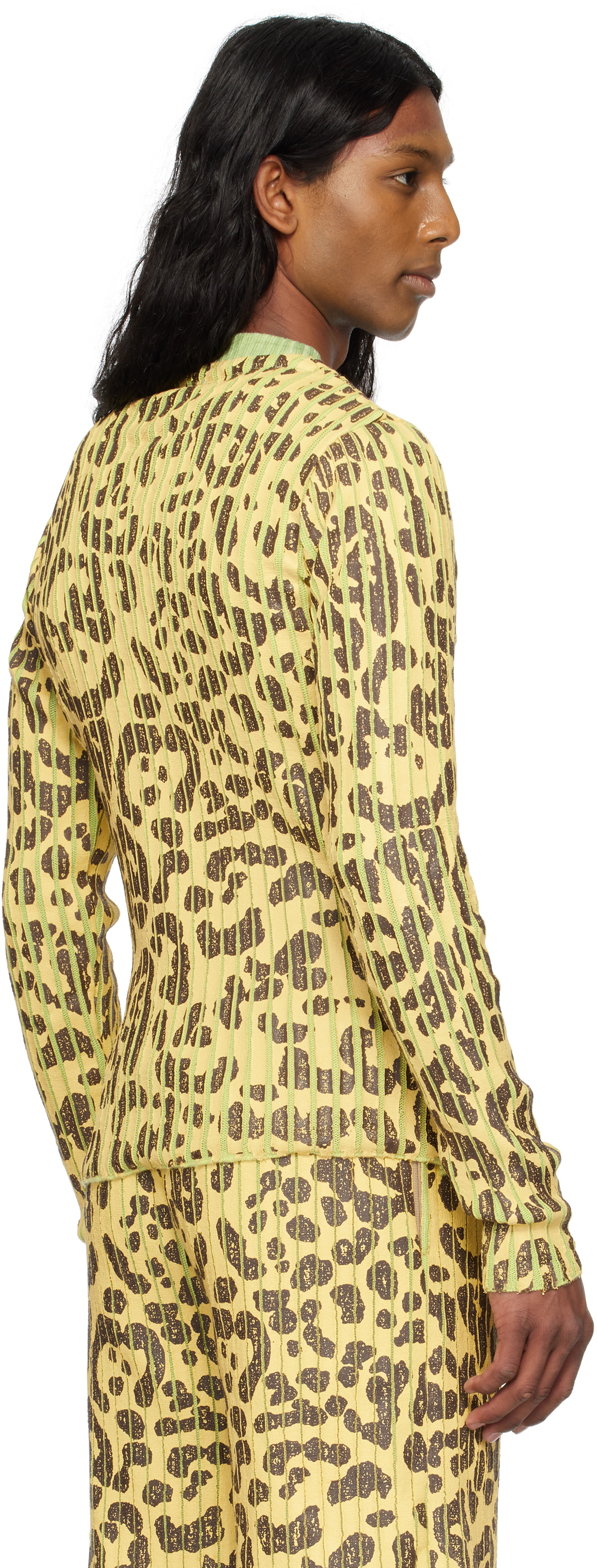 Stanley Raffington Yellow & Green Leopard Print Plated Knit Crewneck Sweater