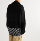 BALENCIAGA - Oversized Fleece-Panelled Logo-Intarsia Ribbed Wool-Blend Sweater - Black