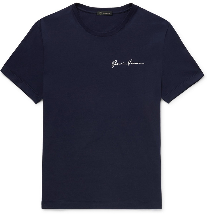 Photo: Versace - Logo-Embroidered Cotton-Jersey T-Shirt - Blue