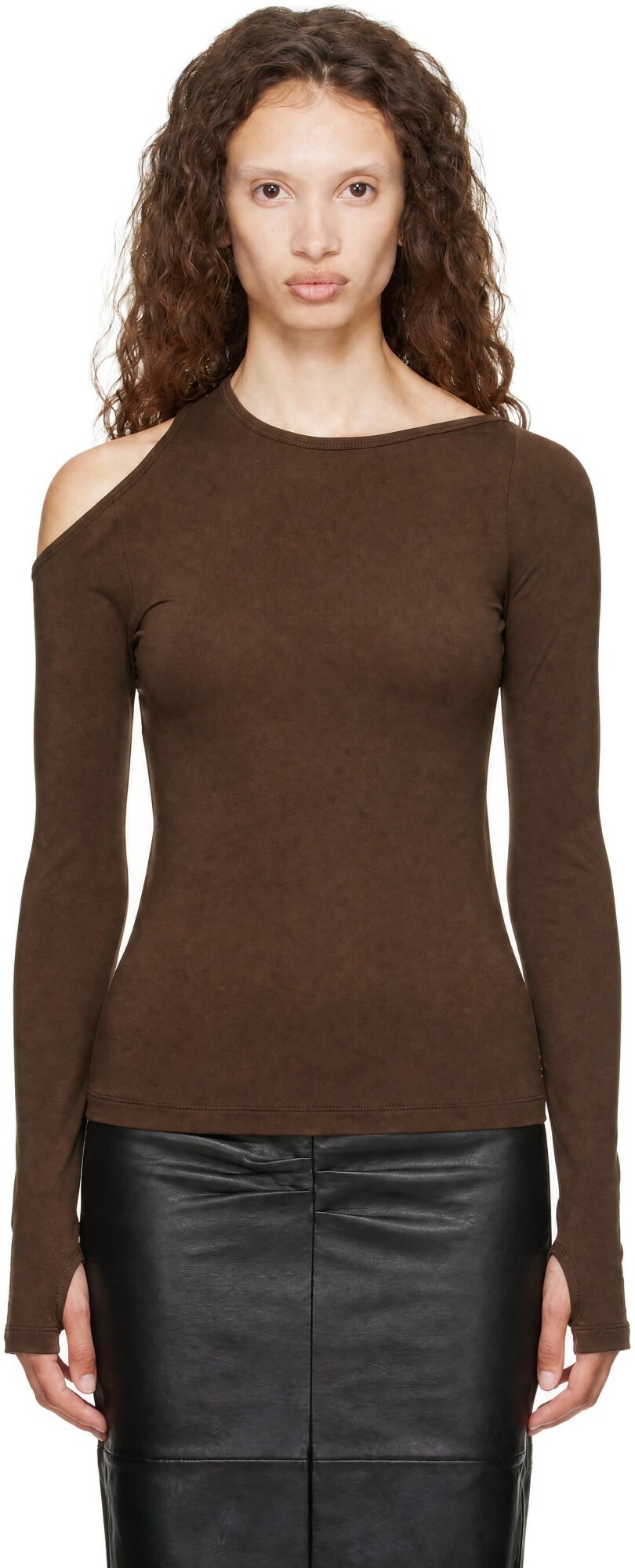 Helmut Lang Brown Asymmetric Long-Sleeve Top