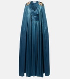 Costarellos Embellished pleated caped bustier gown