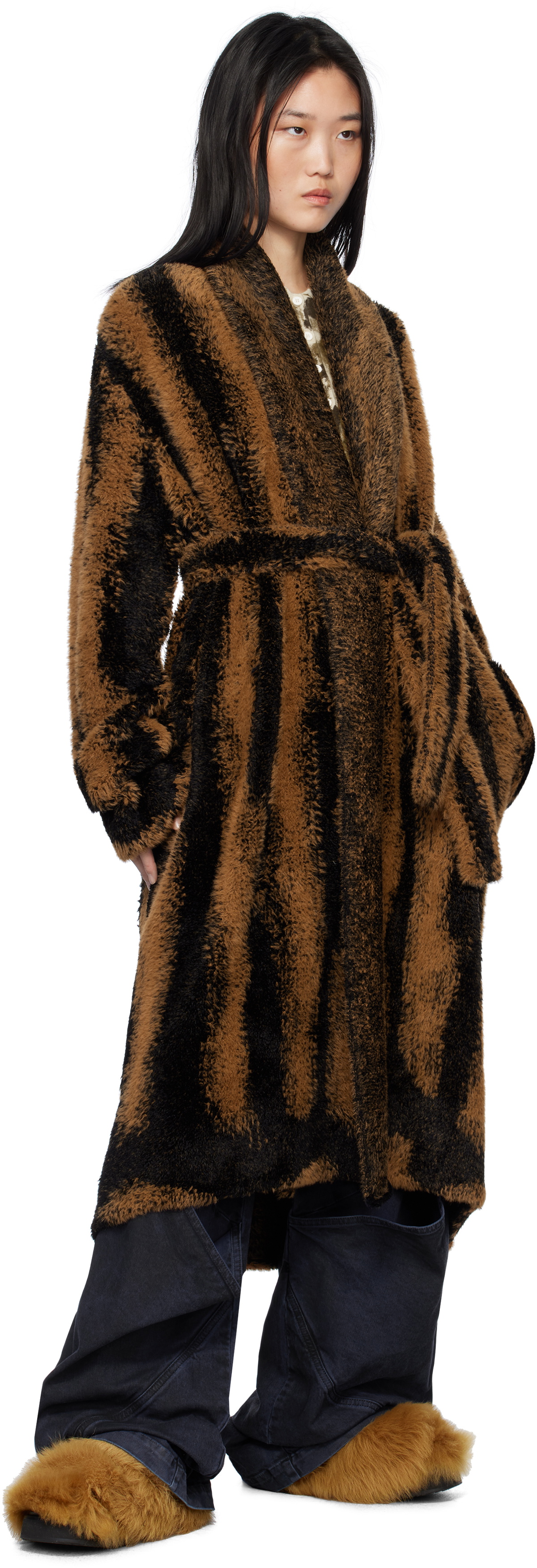 The Attico Brown Belted Faux-Fur Coat