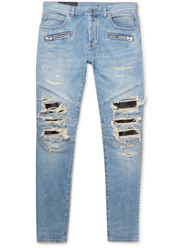 Photo: Balmain - Skinny-Fit Distressed Panelled Jeans - Blue