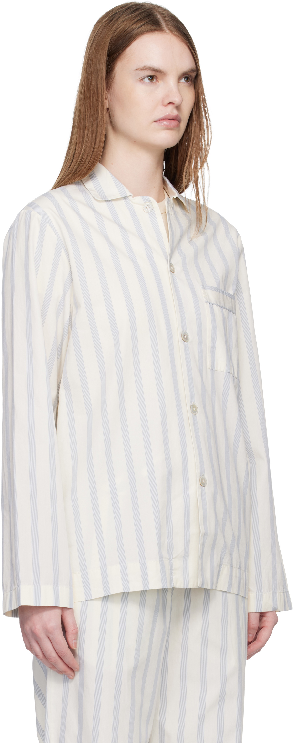 Tekla Off-White & Blue Poplin Long-Sleeved Pyjama Shirt