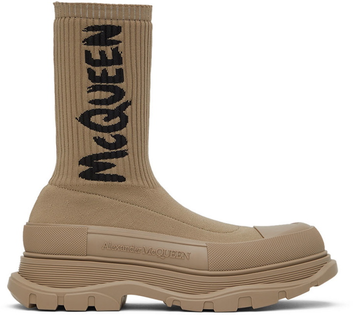 Photo: Alexander McQueen Beige Graffiti Knit Tread Slick Sneakers