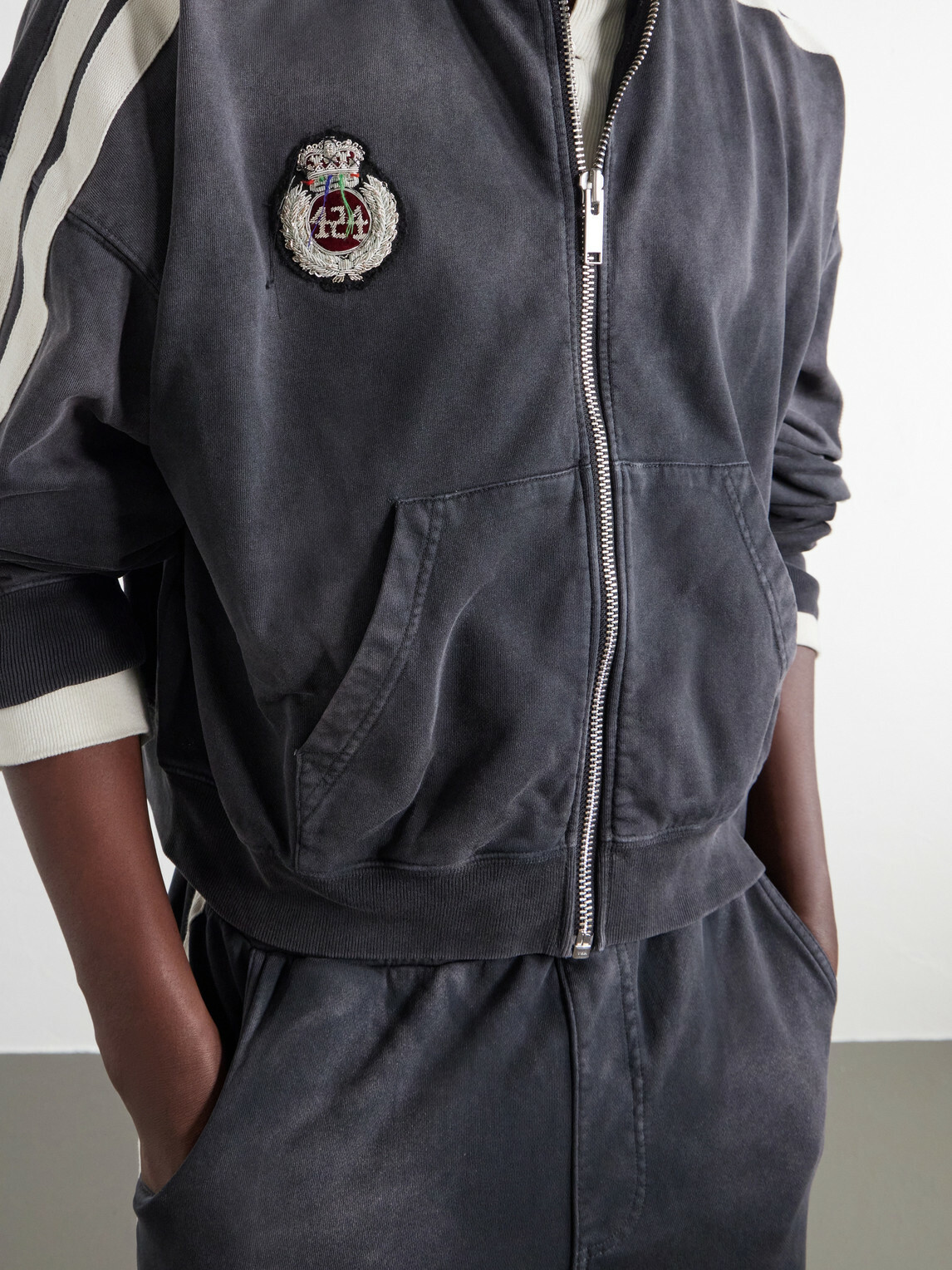 424 - Logo-Embroidered Distressed Cotton-Jersey Zip-Up Hoodie - Black