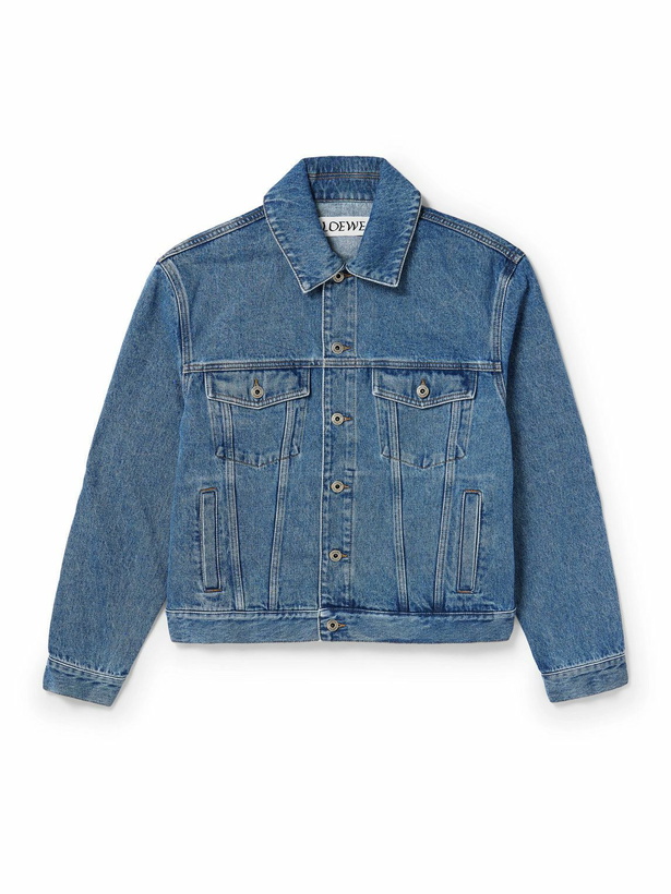 Photo: LOEWE - Anagram Leather-Trimmed Embroidered Denim Trucker Jacket - Blue
