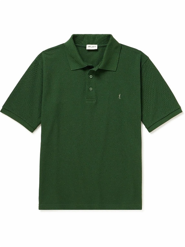 Photo: SAINT LAURENT - Logo-Embroidered Cotton-Blend Piqué Polo Shirt - Green
