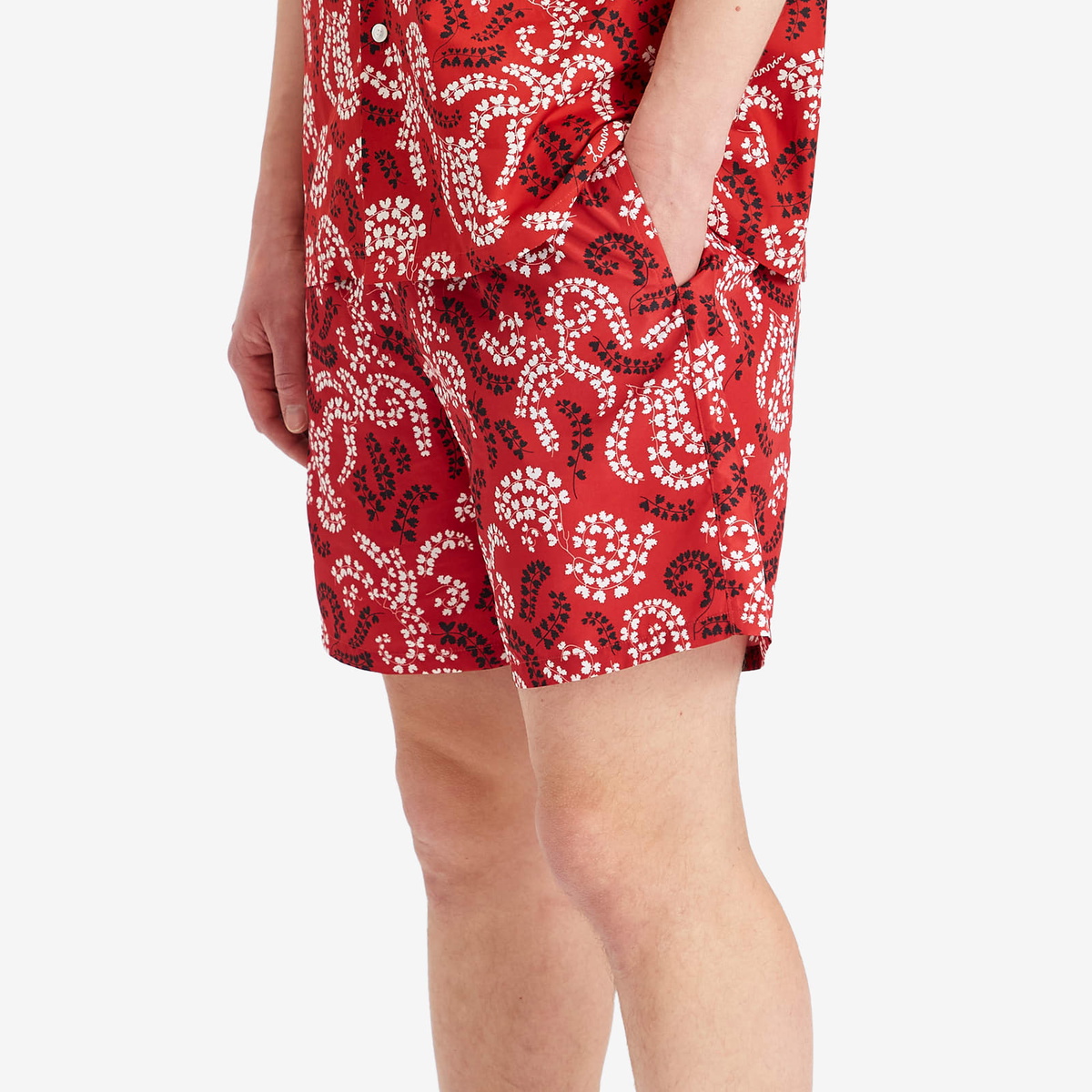 Lanvin Men's Rateau Print Swim Shorts in Carmine Red