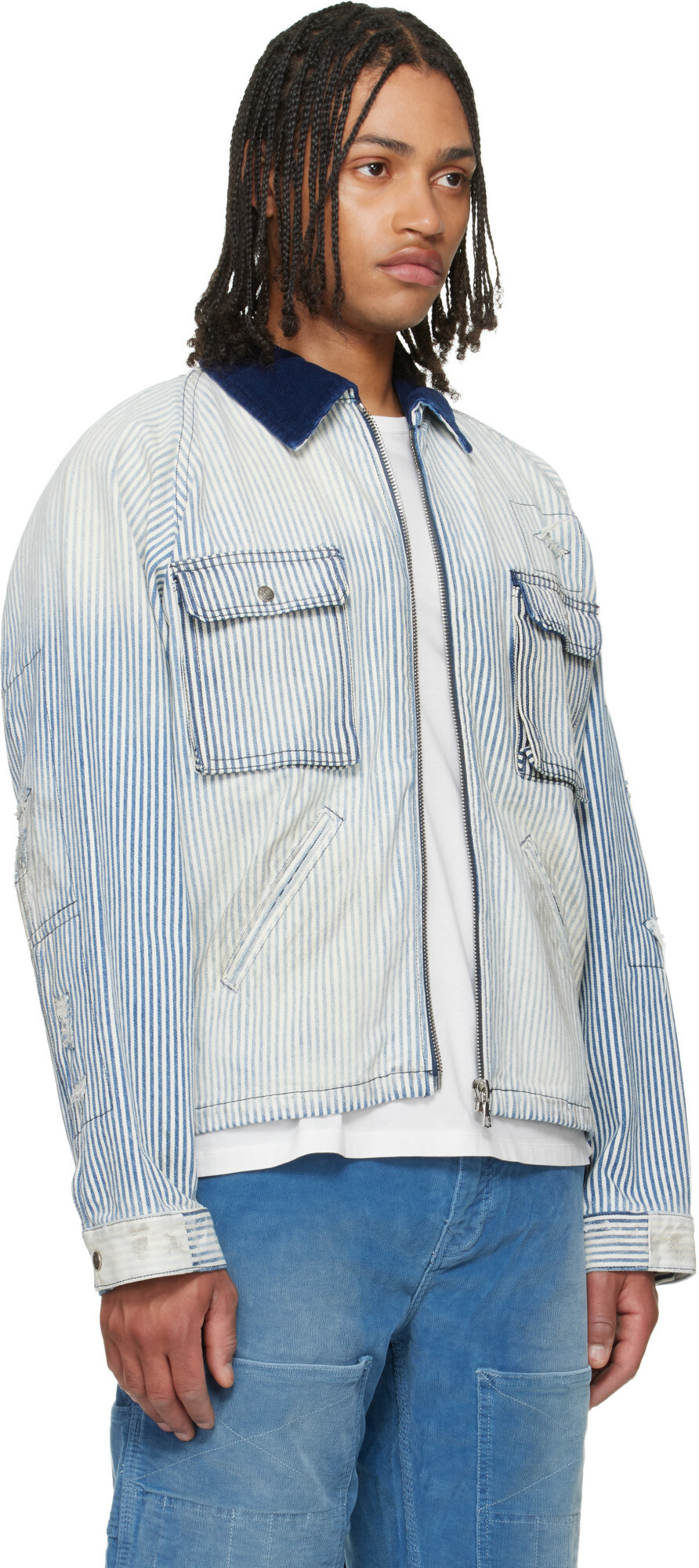 COÛT DE LA LIBERTÉ Blue & White Alfred Cargo Pocket Denim Jacket