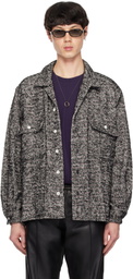 International Gallery BEAMS Black & White Herringbone Tweed Open Collar Shirt