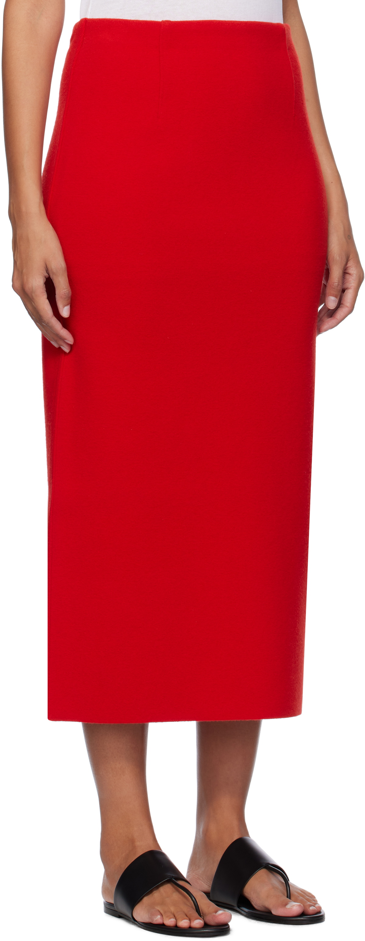 AURALEE Red Heavy Milano Rib Knit Midi Skirt