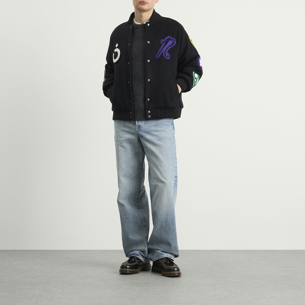 NOMARHYTHM TEXTILE Men's x Needles Patch Varsity Jacket in Black X Mix