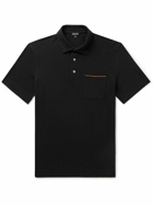 Zegna - Leather-Trimmed Cotton-Piqué Polo Shirt - Black