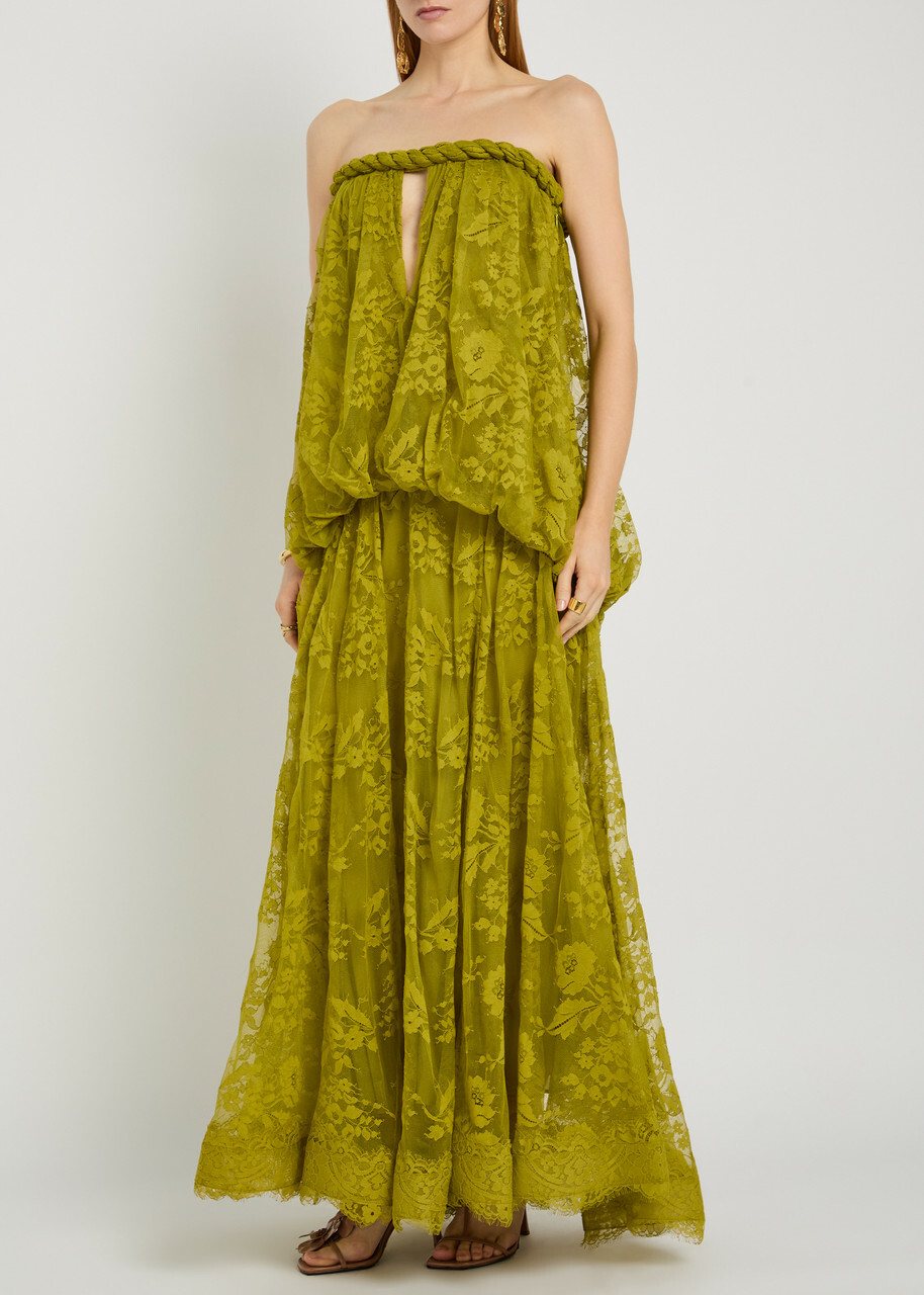 Zimmermann Luna Strapless Lace Gown Olive