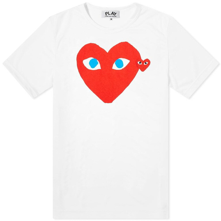 Photo: Comme des Garçons Play Men's Double Heart Logo T-Shirt in White/Red/Blue