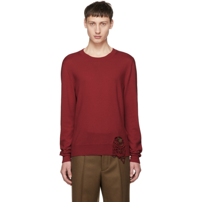 Photo: Maison Margiela Red Wool Distressed Crewneck Sweater