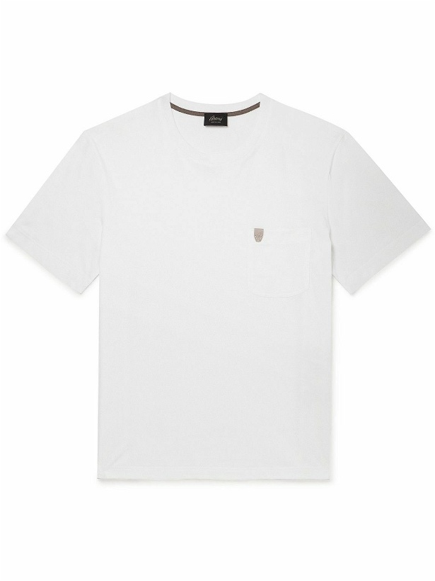 Photo: Brioni - Logo-Embossed Leather-Trimmed Cotton-Jersey T-Shirt - White