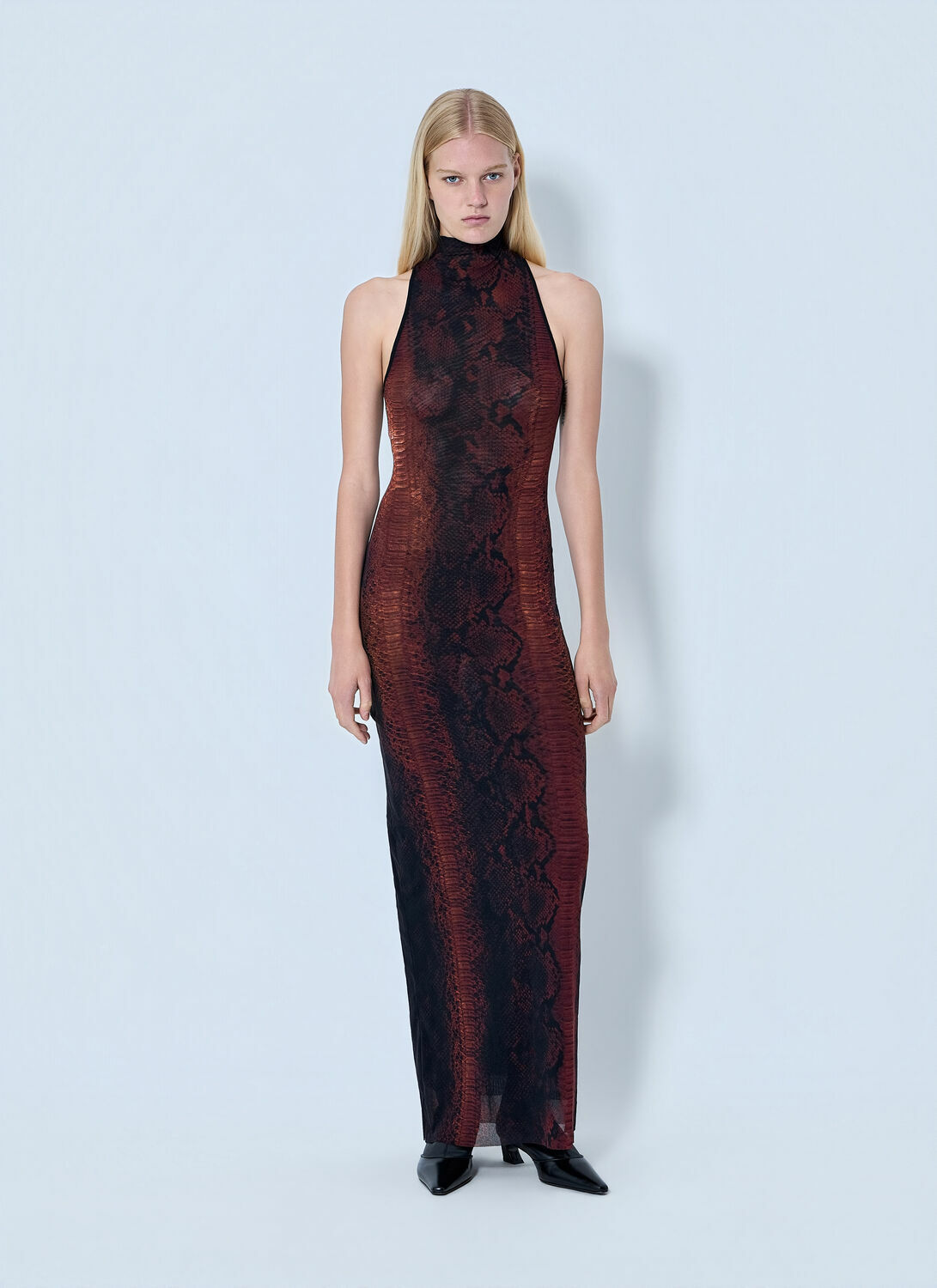 Jean Paul Gaultier Mesh High Neck Python Printed Long Dress