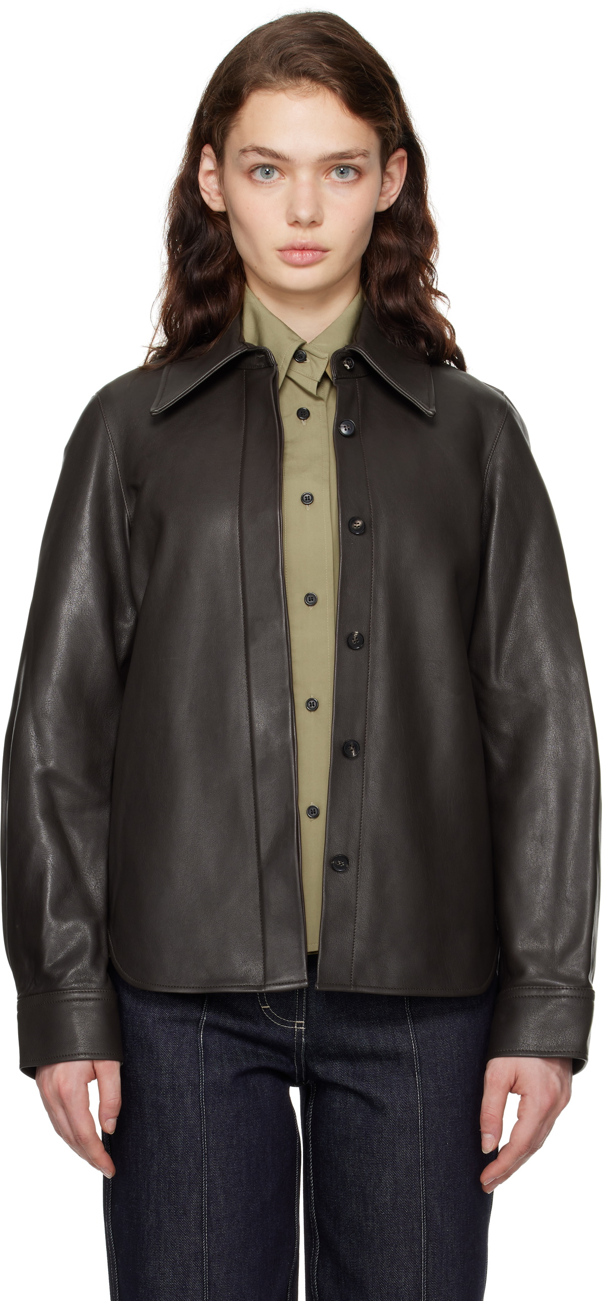 CO Brown Structured Button Down Leather Shirt