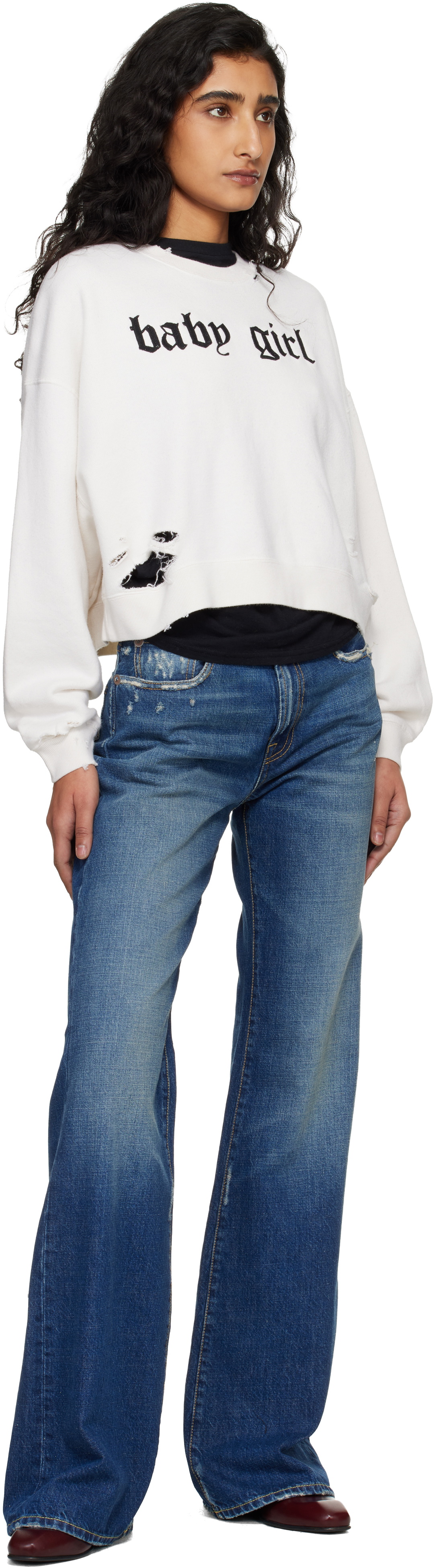 R13 Off-White 'Baby Girl' Cropped Crewneck Sweatshirt