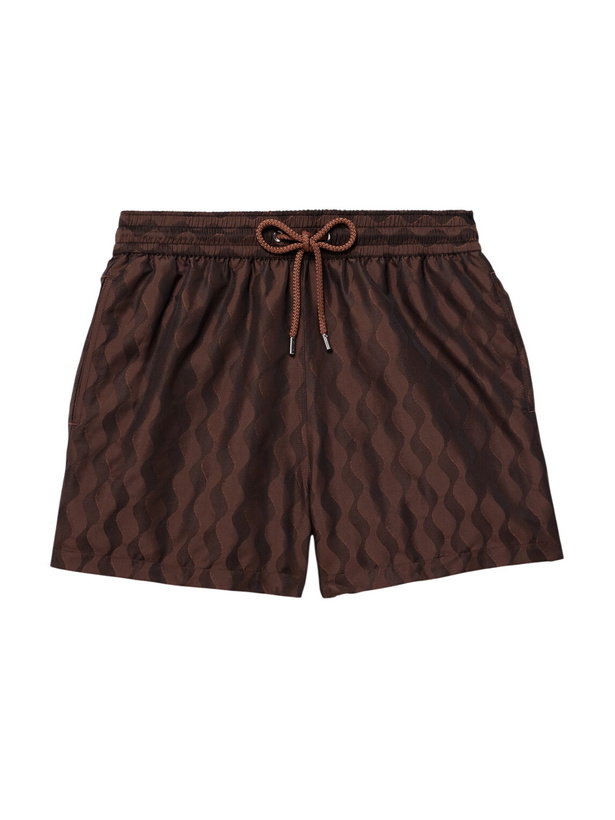 Photo: Frescobol Carioca - Rio Straight-Leg Mid-Length Recycled Jacquard Swim Shorts - Brown