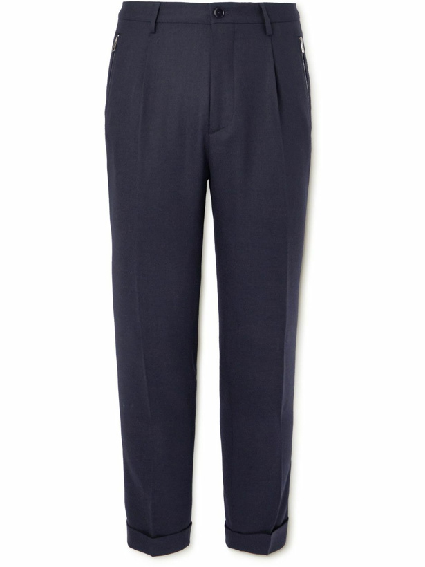 Photo: Etro - Tapered Pleated Wool-Blend Twill Trousers - Blue