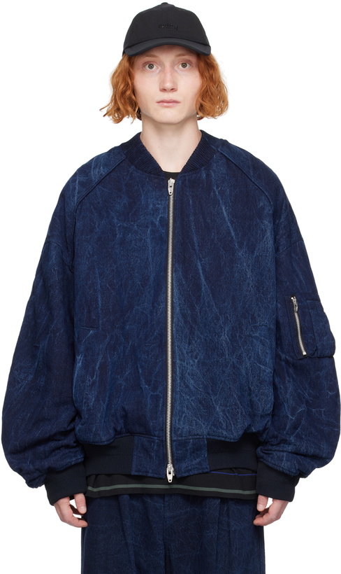 Photo: Juun.J Blue Oil-Washed Denim Bomber Jacket