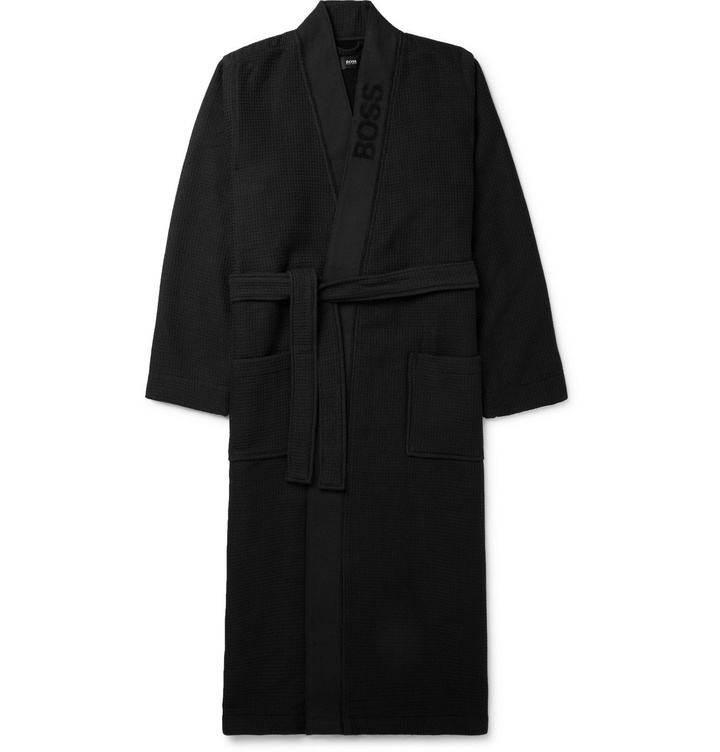 Photo: HUGO BOSS - Logo-Jacquard Waffle-Knit Loopback Cotton-Blend Robe - Black