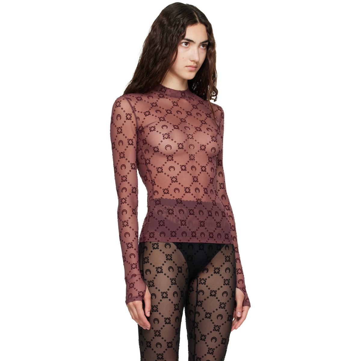 Marine Serre Burgundy Moonogram Flock LS Highneck Top